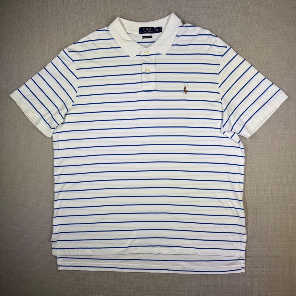 Polo Ralph Lauren Mens Pima Soft Touch Polo Shirt White Blue Striped Size 2XL
